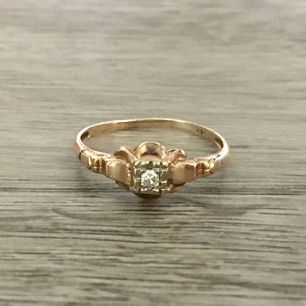 Antique Art Deco Diamond Ring in 14k Yellow Gold, Old Mine Diamond H SI1, 0.05 ct, Size US 7  (ring sizing available)