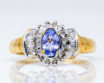Tanzanite Ring, 10k Gold Diamond Halo Tanzanite Gemstone Ring - Vintage Jewelry Gift for Women