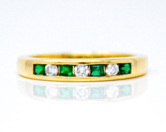 Emerald and Diamond Ring, 14k Gold, Square and Round Cut, Green Gemstone, Channel Set Band - Vintage Jewelry Gift for Women