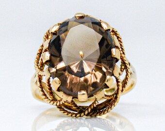 Smokey Quartz Ring, 10k Gold Oval Cut Filigree Art Deco Gemstone Ring - Vintage Jewelry Gift for Women