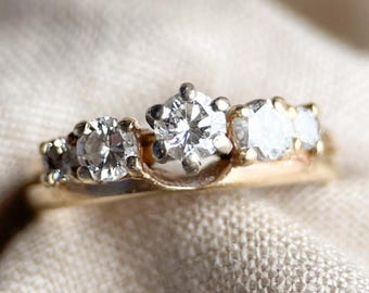 Vintage Diamond Engagement Ring, Round Cut, 14k Gold, Interlocking Wrap Style Bridal Set