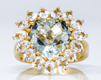 Heart Gemstone Ring, 10k Gold Heart Cut Green Prasiolite Gemstone Halo Ring - Vintage Jewelry Gift for Women