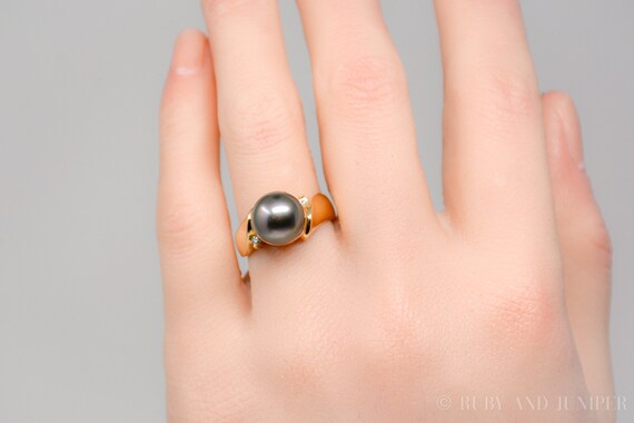 Vintage Black Pearl Ring in 14k Gold, Retro Jewel… - image 3