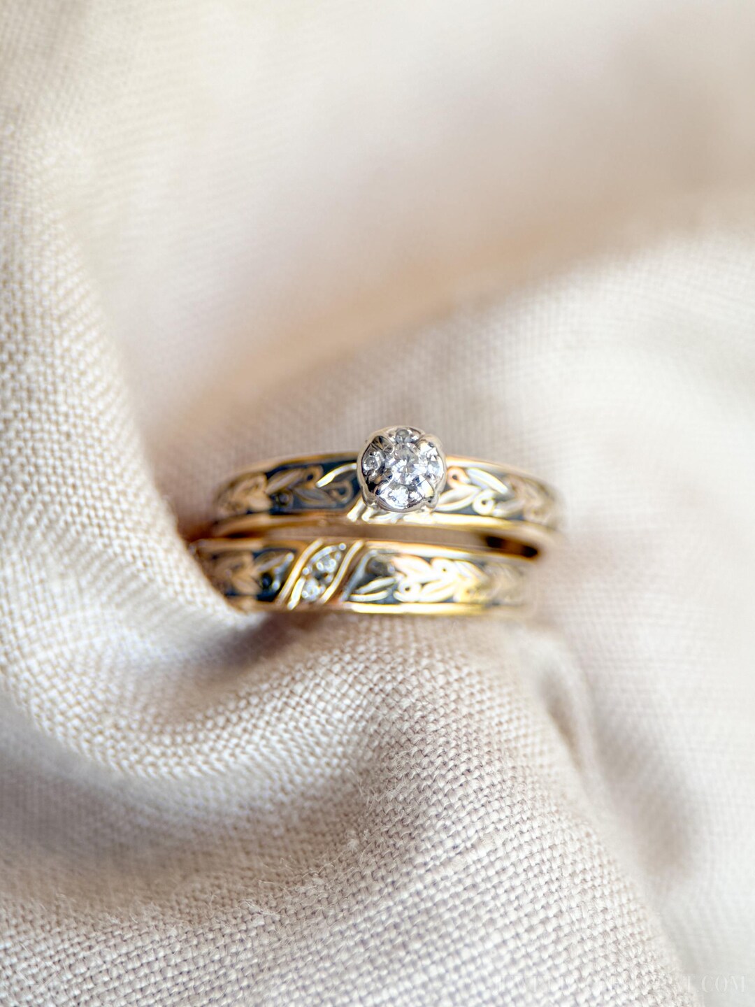 Vintage Art Deco Diamond Bridal Set, Engagement Ring Wedding Band, 14k ...