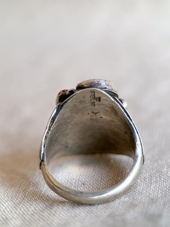 Vintage Sterling Silver Turquoise Coral Wolf Ring… - image 5