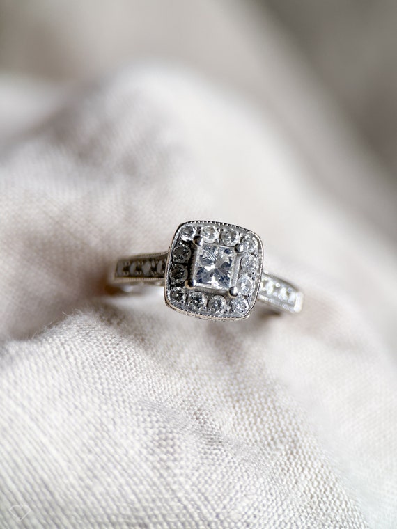 Vintage Princess Cut Halo Diamond Engagement Ring 