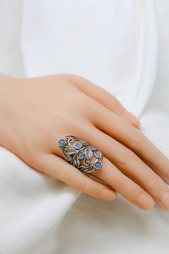 Opal Ring, Sterling Silver Bezel Black Opal Floral