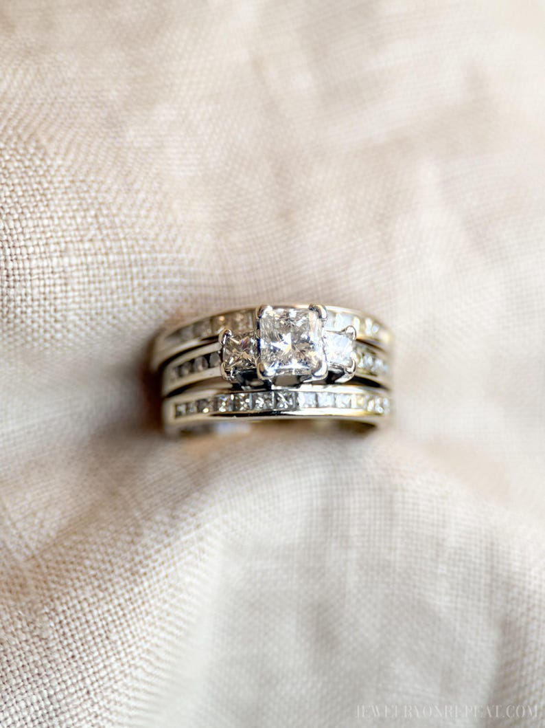 Vintage Diamond Engagement & Wedding Rings, Princess Cut, 14k White ...