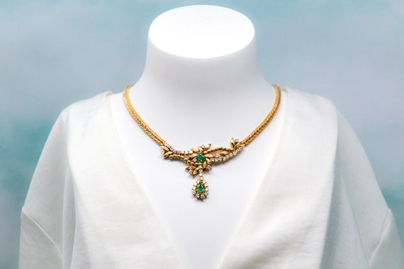 Vintage Emerald and Diamond Necklace in 14k Gold,… - image 1