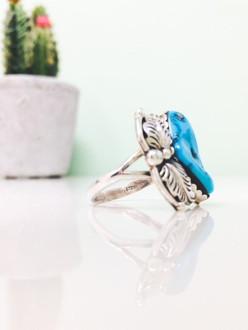 Vintage American Handmade Genuine Blue Turquoise Gemstone Ring in Sterling Silver Leaf Feather Design Turquoise Ring Size 7.75
