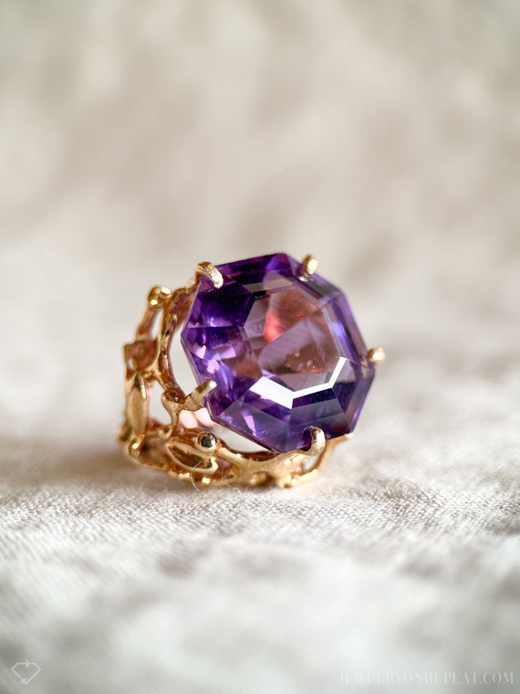 Vintage Amethyst Gemstone Ring in 14k Gold, Antiq… - image 4