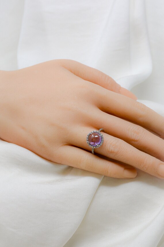 Vintage Sterling Silver Ladies Ring with Round Purple Cabochon Stone Sunburst Style Size 7