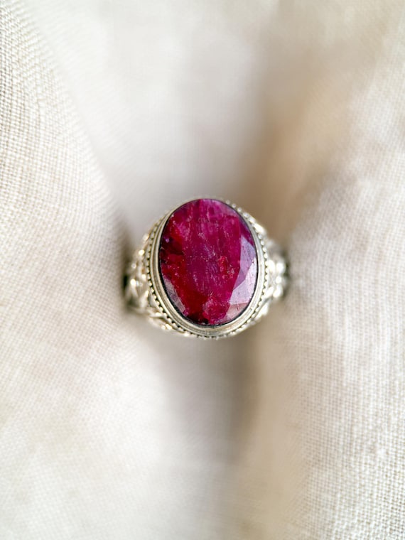 Vintage Sterling Silver Ruby Statement Ring - Fac… - image 1