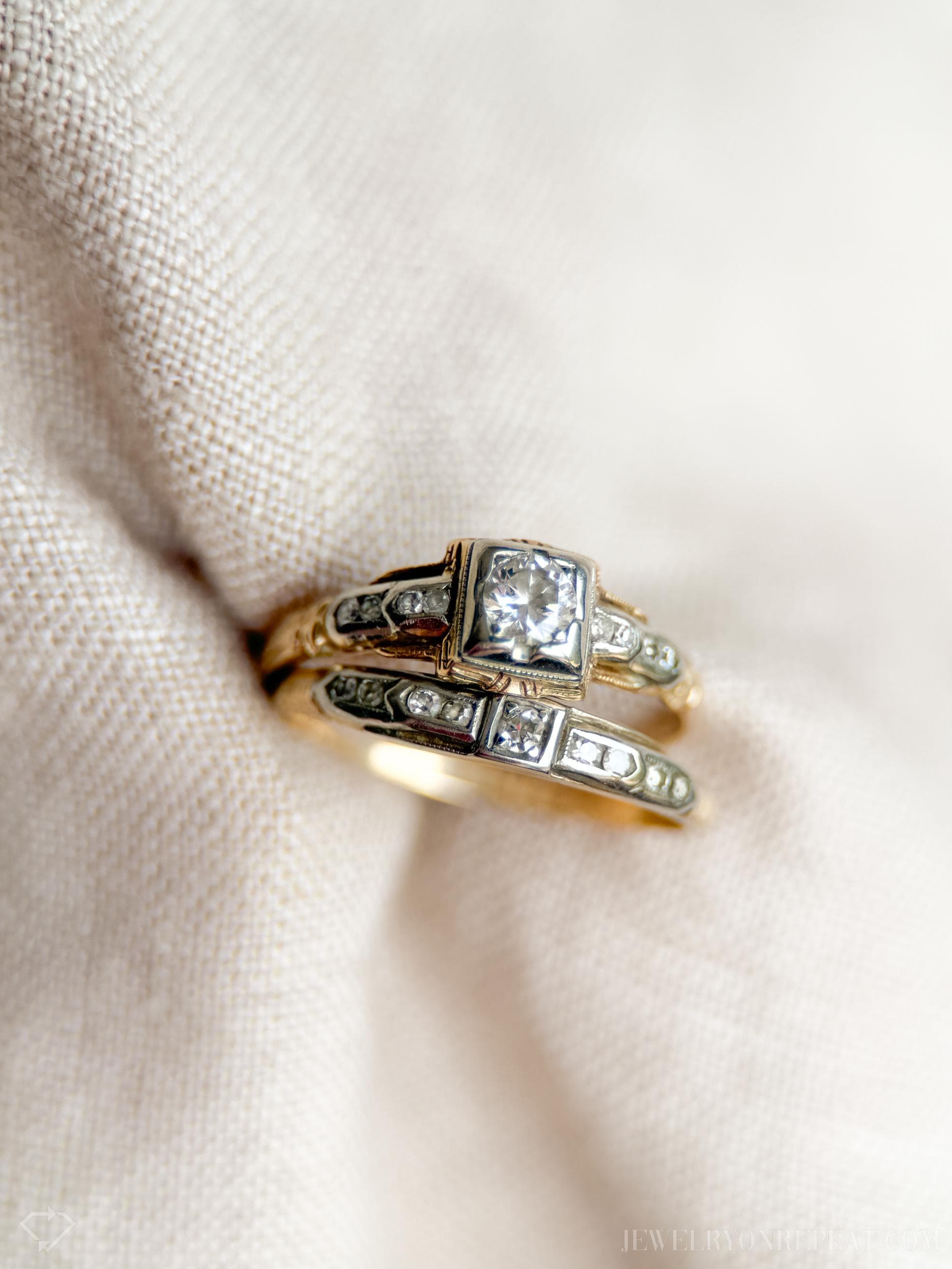 Vintage 1940s Art Deco Diamond Bridal Set, Engagement & Wedding