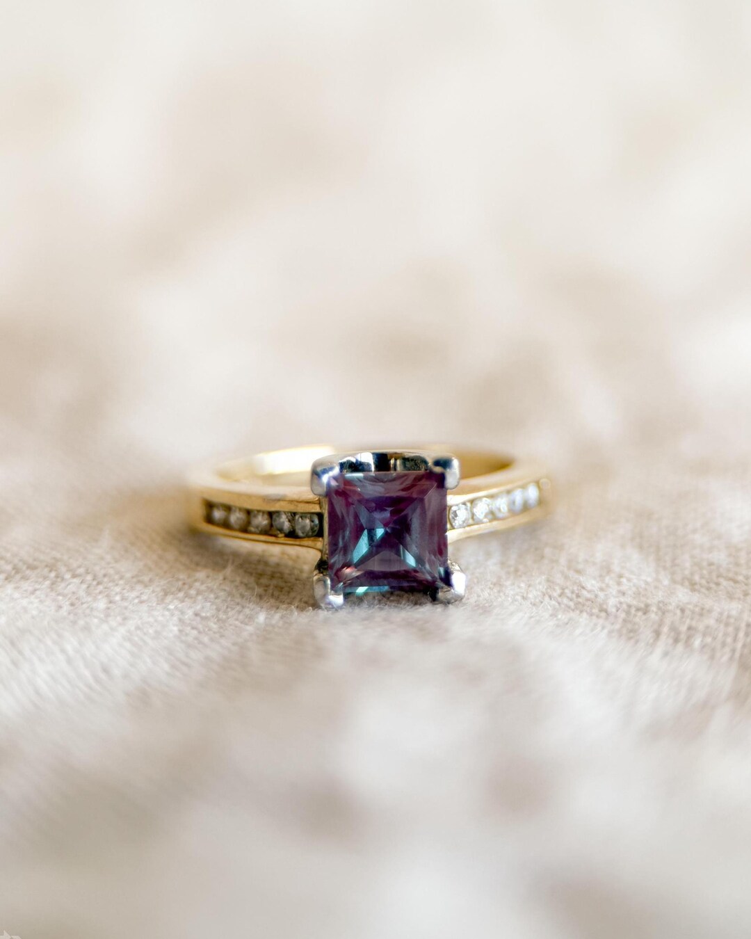 Vintage Alexandrite and Diamond Engagement Ring, Square Cut, 10k Gold ...