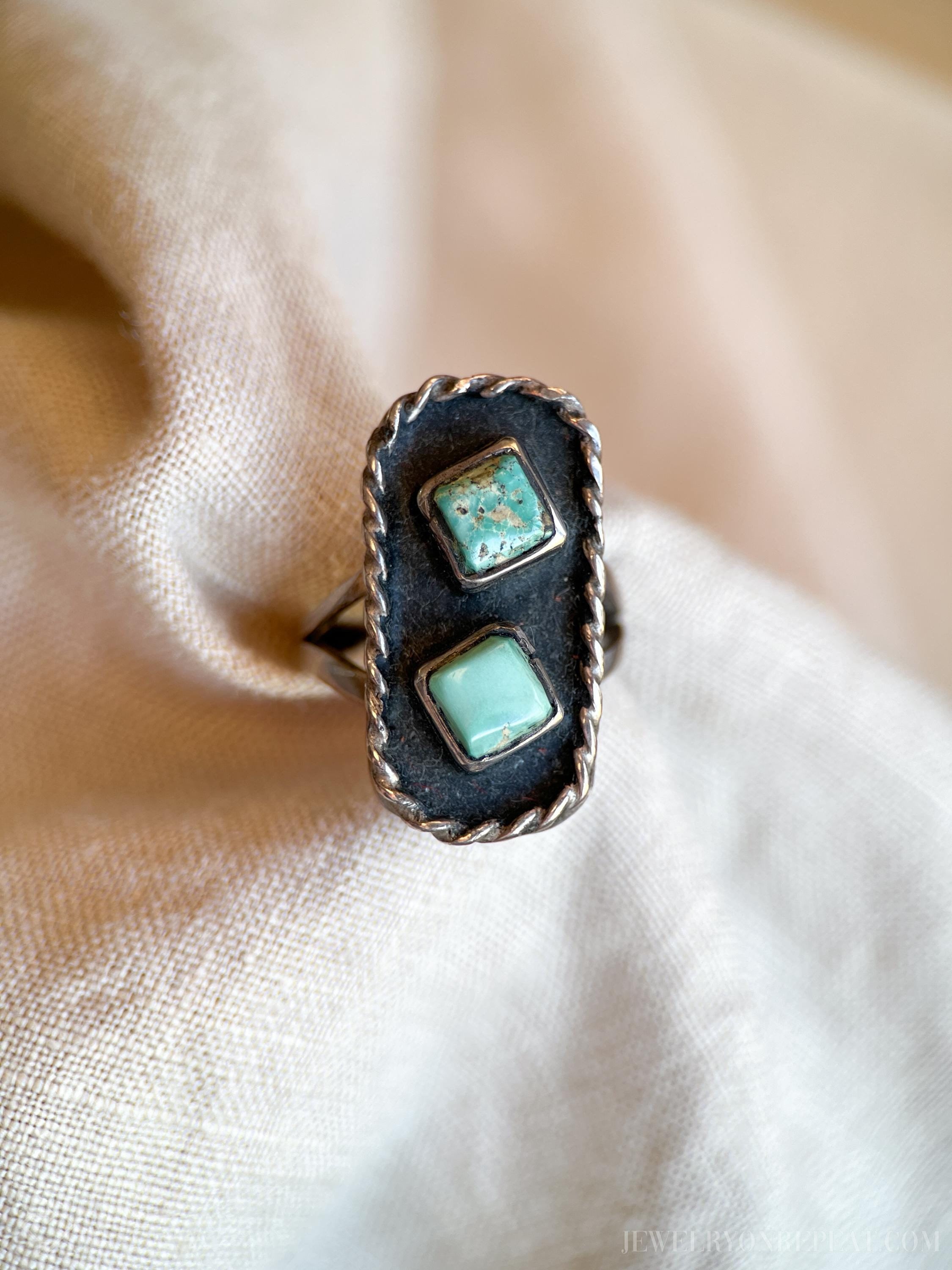 Vintage Turquoise Sterling Silver Double Square Ring, Southwestern