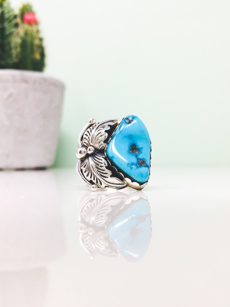 Vintage American Handmade Genuine Blue Turquoise Gemstone Ring in Sterling Silver Leaf Feather Design Turquoise Ring Size 7.75