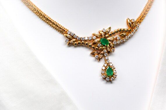 Vintage Emerald and Diamond Necklace in 14k Gold,… - image 3