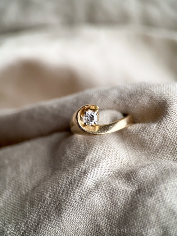 Vintage Wave Diamond Solitaire Engagement Ring in… - image 1