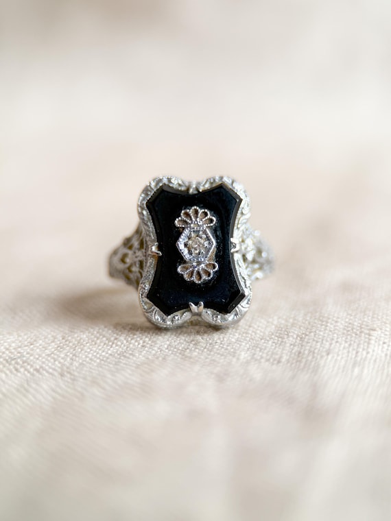 Vintage Onyx and Diamond Ring, 14k White Gold, Art Deco Filigree Engagement Ring, 1930s Jewelry