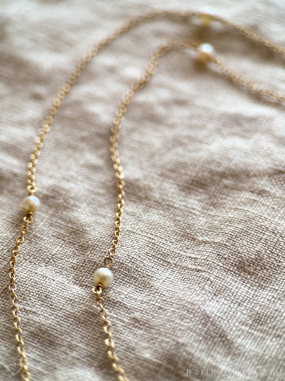 Vintage Pearl and Chain Necklace in 14k Gold, Ant… - image 5