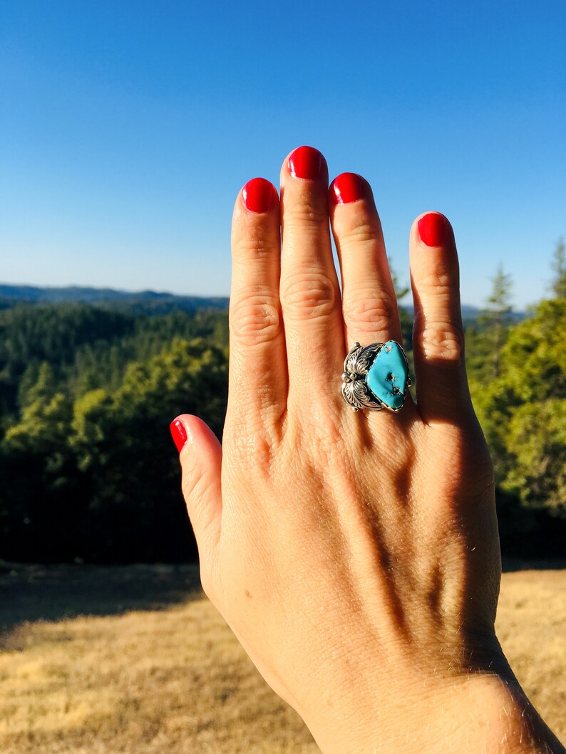 Vintage American Handmade Genuine Blue Turquoise Gemstone Ring in Sterling Silver Leaf Feather Design Turquoise Ring Size 7.75
