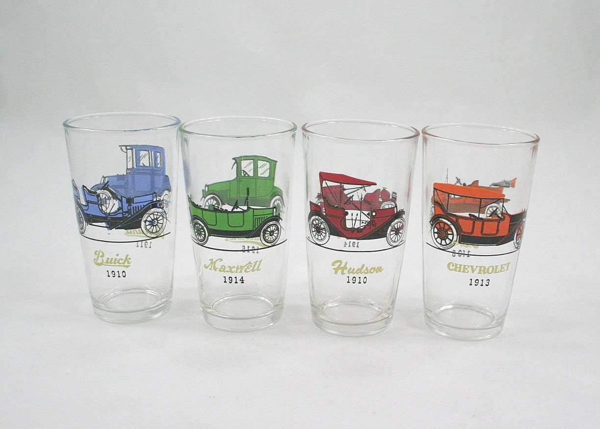 Vintage Hazel Atlas Classic Automobile Glasses Set Of Four Etsy