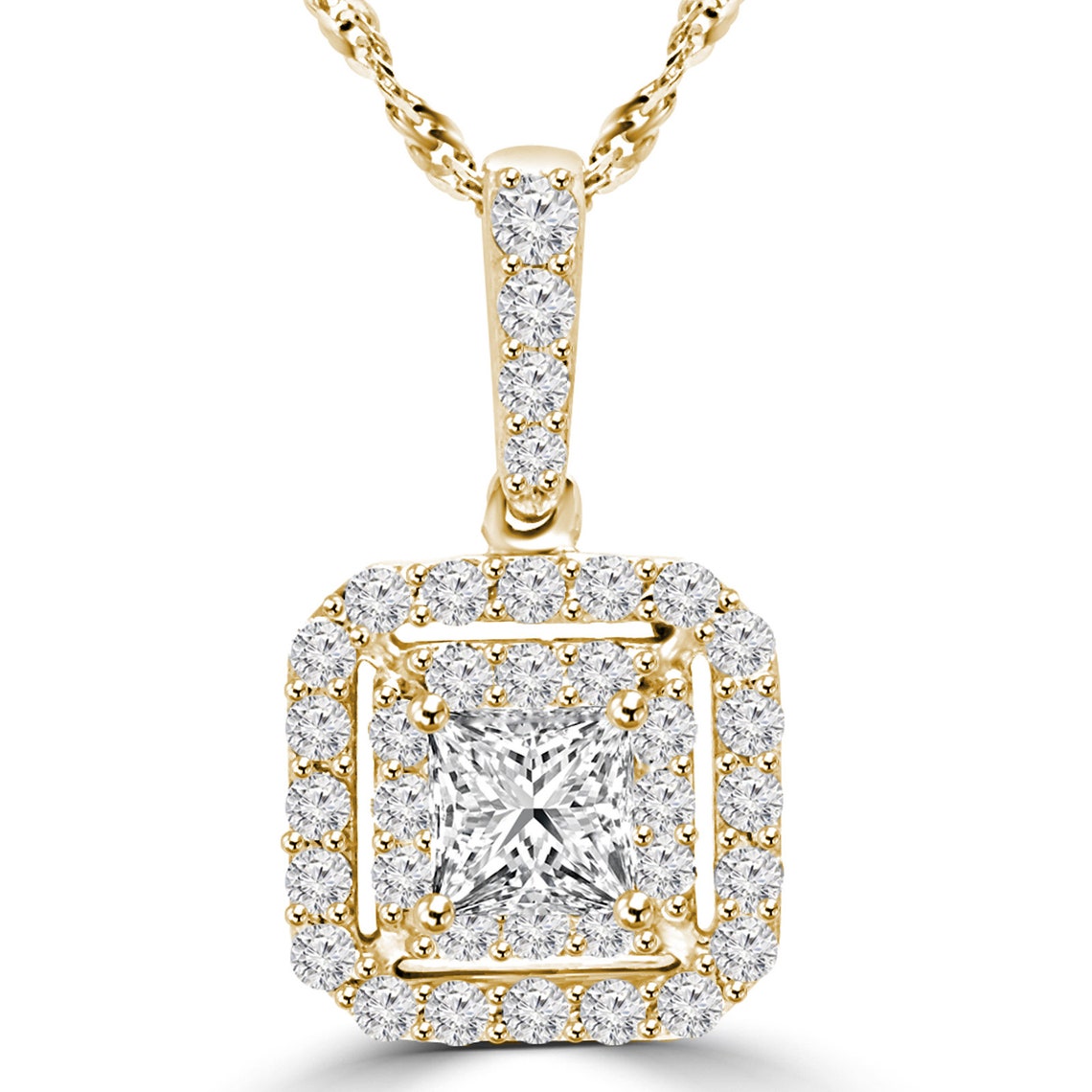 9/10 CTW Princess Diamond Double Halo Pendant Necklace in 14K Etsy