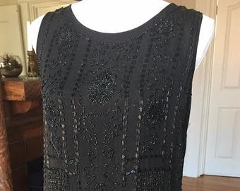 REDUCED 1920s 20s Heavily Beaded Black Silk Crepe Flapper Dress