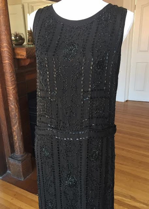 Vintage 1920s Black Dress Silk Crepe with Lace Neck, fits 36 inch bust