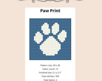 May include: Digital download needlepoint pattern with a white paw print on a blue background. The pattern size is 28 x 28, with a finished size of 5.3 x 5.3 cm. The text "Paw Print" is displayed at the top.