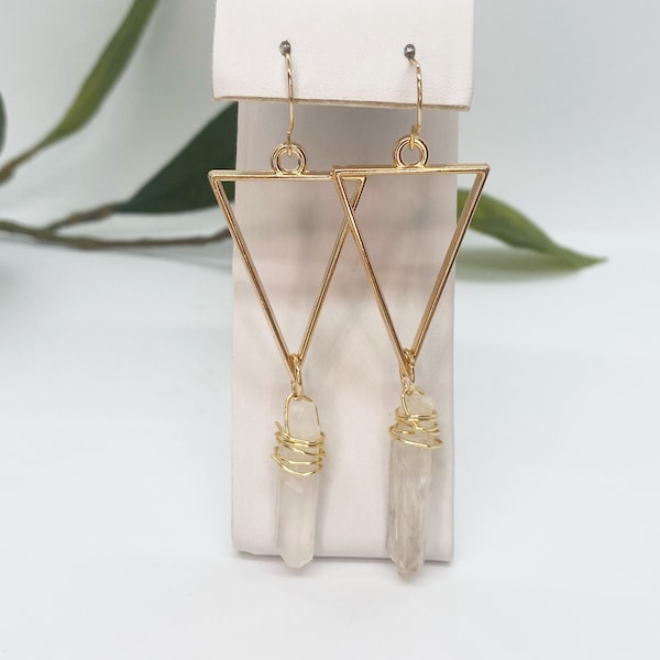 Clear Quartz Gold Silver Geometric Drop Earrings