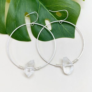 Clear Quartz Silver Drop Hoop Earrings