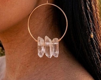 Clear Quartz Gold Hoops