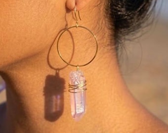 Pink Aura Crystal Gold Hoop Earrings