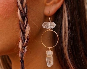 Clear Quartz Tiered Gold  Hoops