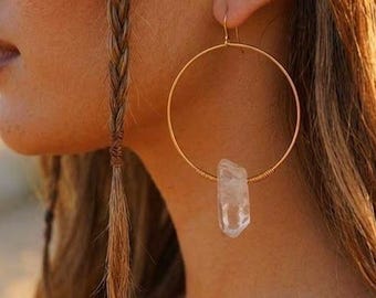 Clear Quartz Gold Hoops