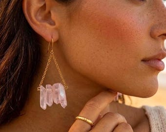 Quartz Triangle Gold Chain Drop Earrings