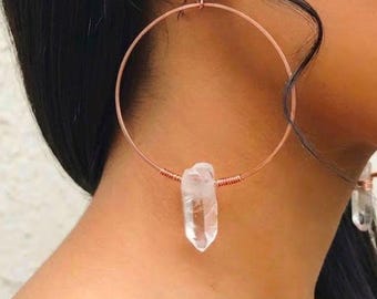 Clear Quartz Rose Gold Hoops