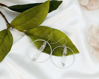 Clear Quartz Crystal Silver Hoops