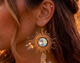 Radiant Sun-catcher Dangle Earrings with & Iridescent Aura Quartz
