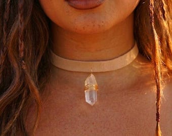 Clear Quartz Nude Suede Choker Necklace