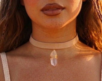 Clear Quartz Nude Suede Choker Necklace