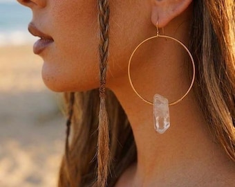 Clear Quartz Gold Hoops