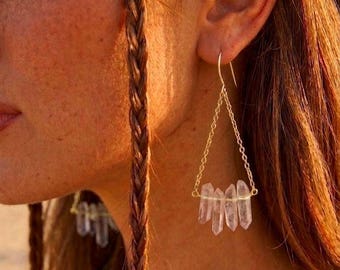 Quartz Triangle Gold Chain Drop Earrings