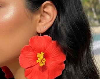 Thespesia Grandiflora Red Hibiscus Flower Earrings
