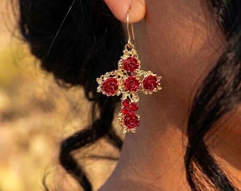 Red Rose Cross Dangle Earrings