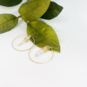 Clear Quartz Crystal Gold Hoops Earrings