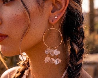 Bohemian Statement Chandelier Clear Quartz Gold Hoops