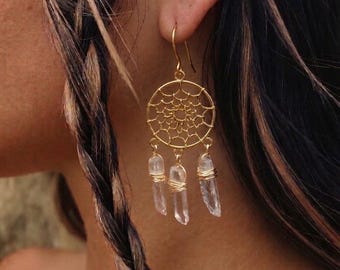 Dreamcatcher Earrings with Raw Clear Quartz Crystals